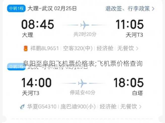 阜阳至阜阳飞机票价格表;飞机票价格查询