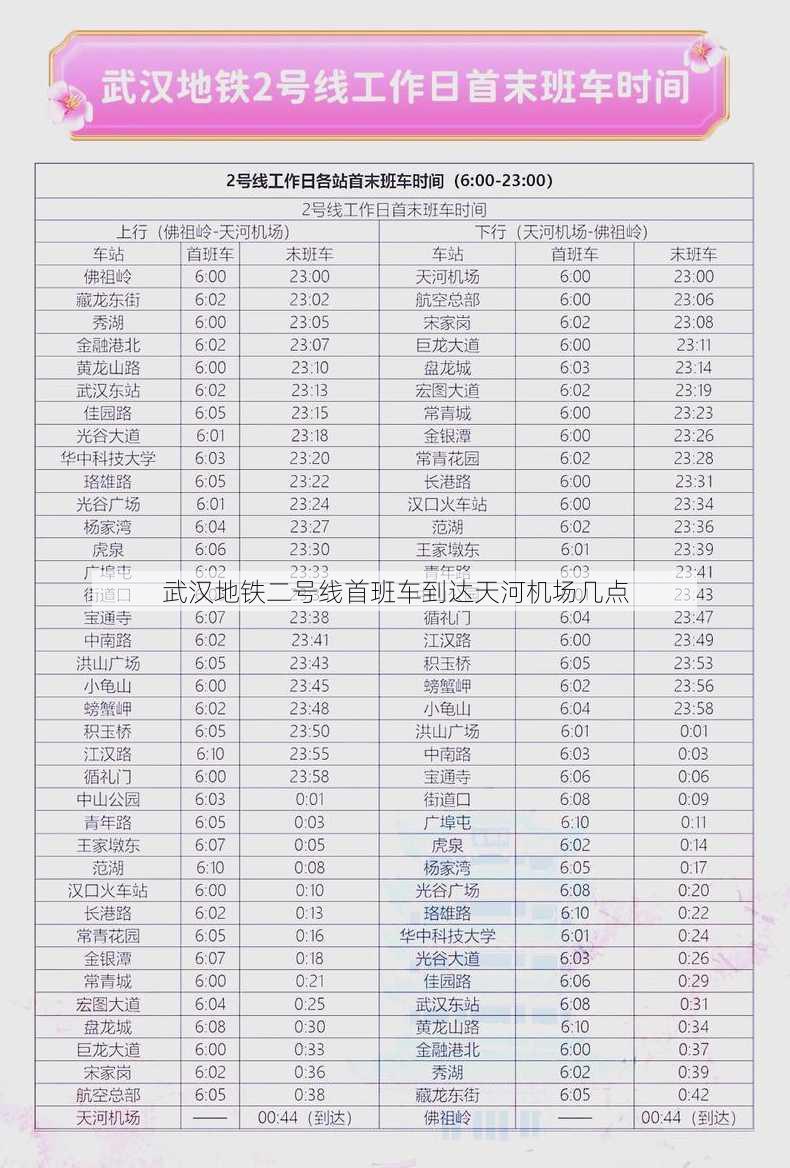 武汉地铁二号线首班车到达天河机场几点