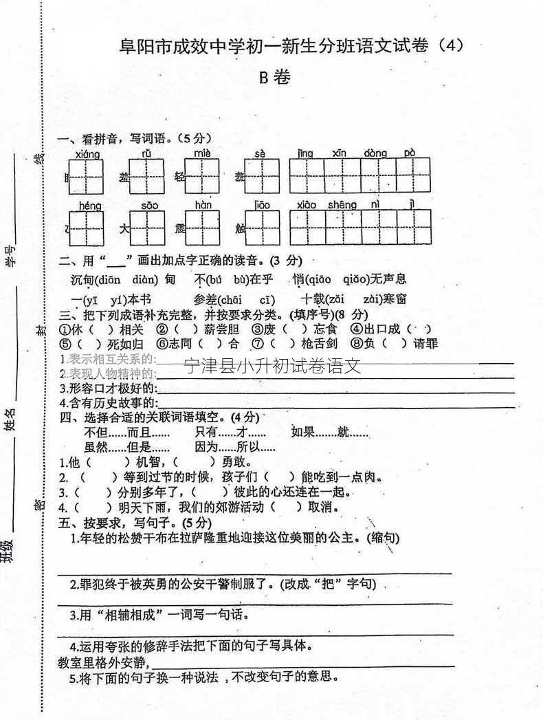 宁津县小升初试卷语文